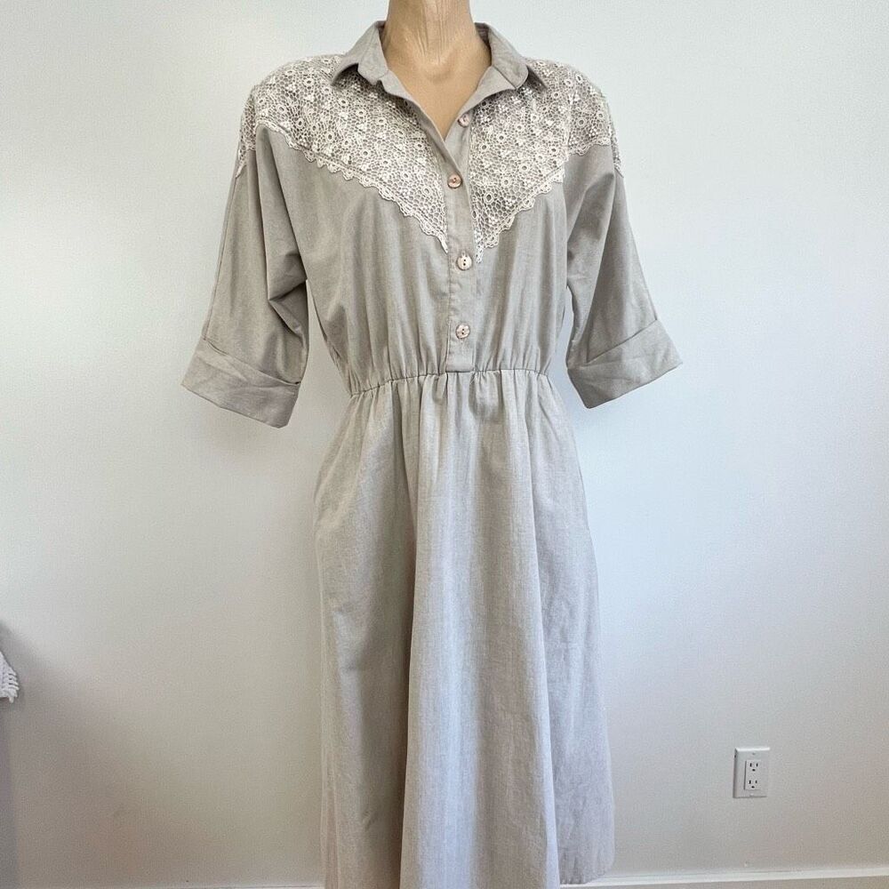 Vintage Piaf Women’s Medium Embroidered Cottagecore Button down Midi Dress Lace